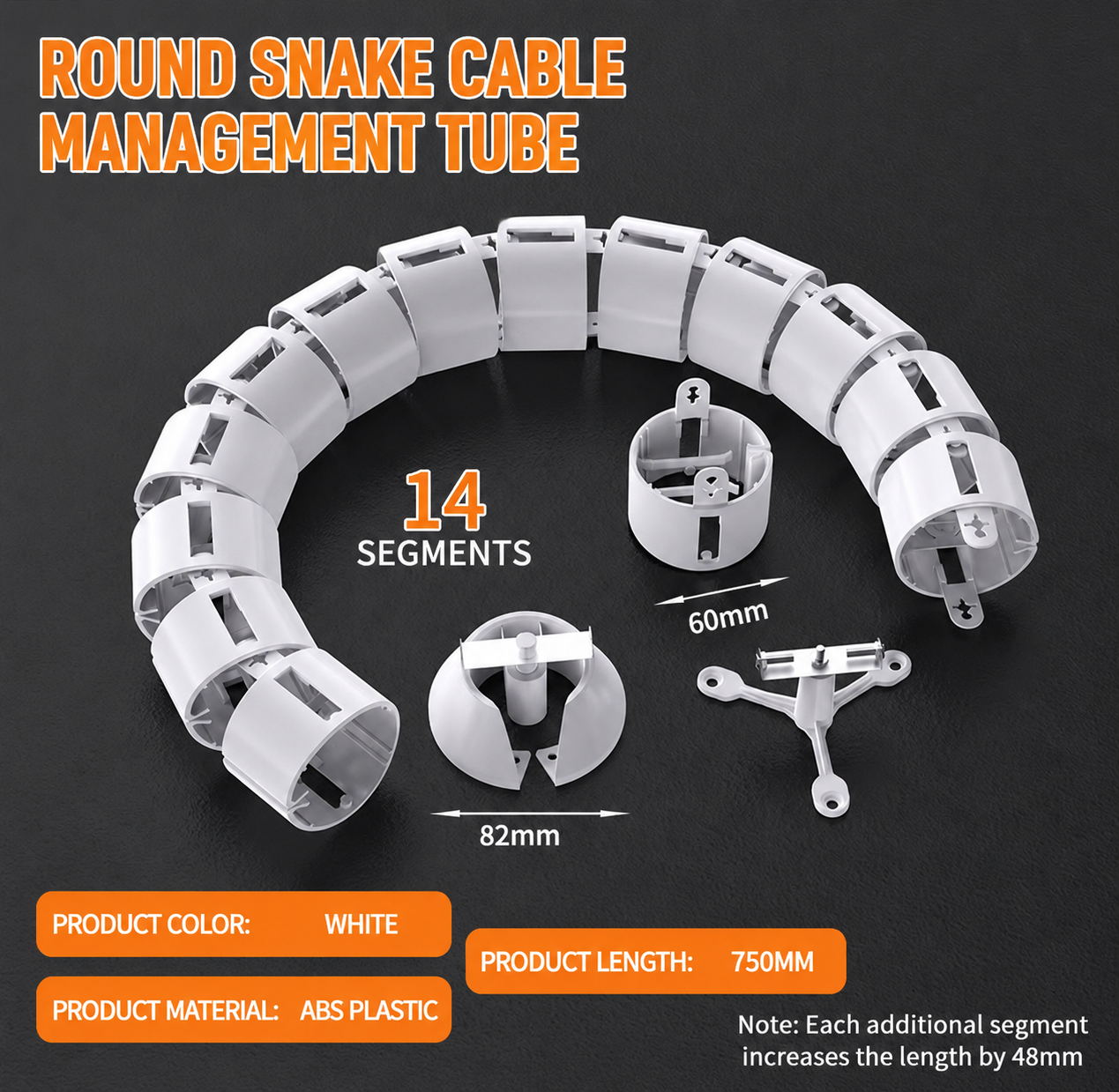 Round Snake Cable Management Tube – 750mm Flexible Cord Organizer (14 Segments, Expandable, White ABS)